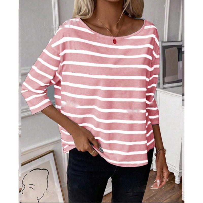 Women's Medium Sleeve Crew Neck Striped T-Shirt Loose Top