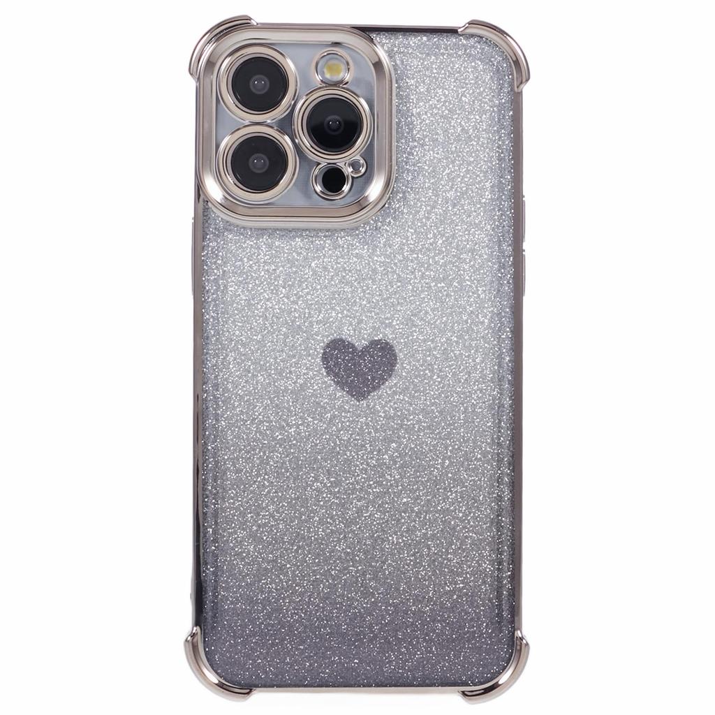 For iPhone 15 Pro Max Case Electroplating Glitter TPU Phone Cover Heart Pattern -  Grey