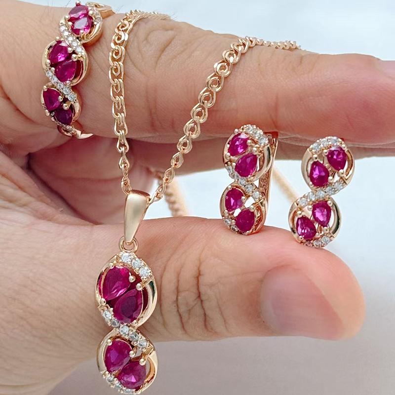 585 Rose Gold Color 3pcs Vintage Jewelry Sets for Women Shiny Red Natural Zircon Ring Earrings Necklace Daily Jewelry 9