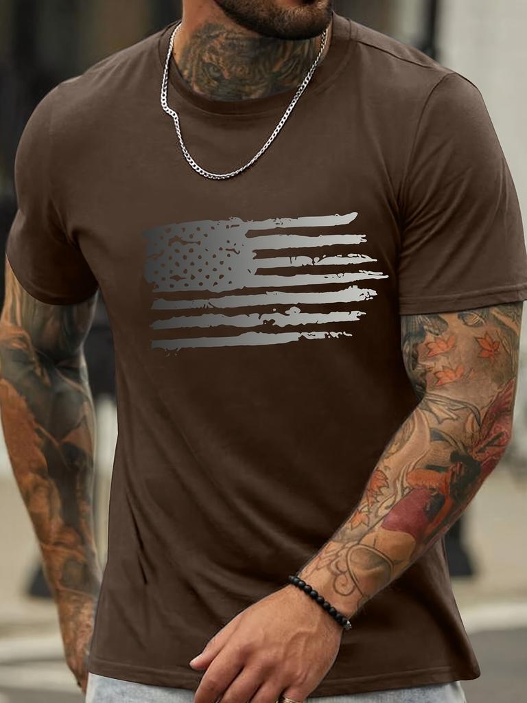 Simple American Flag Graphic Men's Round Neck Short Sleeve T-shirt - Casual Comfy Lightweight Top For Summer