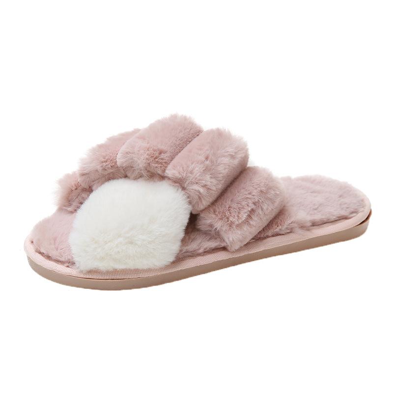 Autumn and Winter Fluffy Slippers Cross Fashion Plaid Indoor Cotton Mop Plush Shoes Flat Non-slip Cotton Mop Warm Shoes