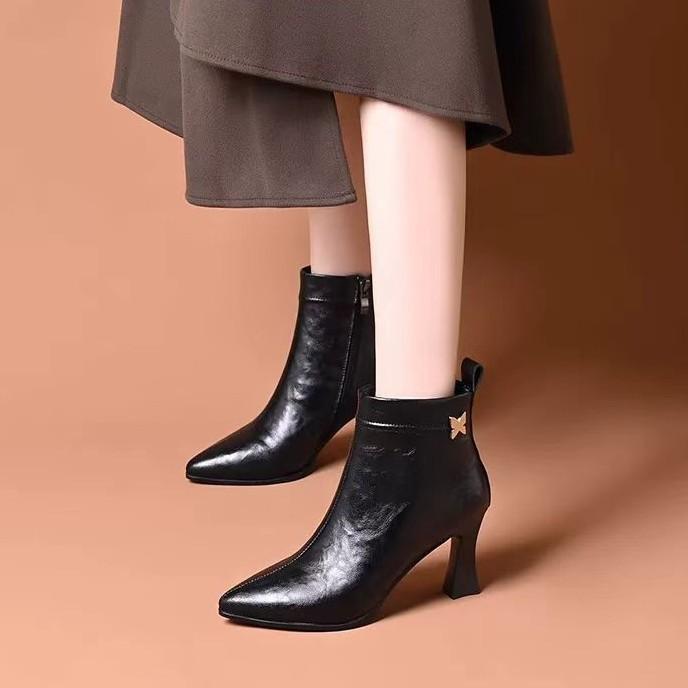 High-heeled Pointed Boots Women's Soft Leather French Stiletto Boots Versatile Medium Boots Autumn and Winter High-heeled Fashion Boots Women