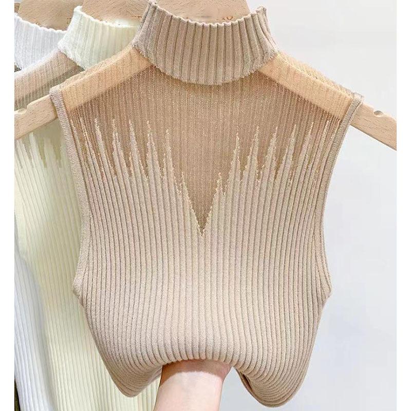 Dámské jednobarevné úzké pletené tílko bez rukávů Šik polovyvýšený síťovaný malý top Sexy dutý tílko