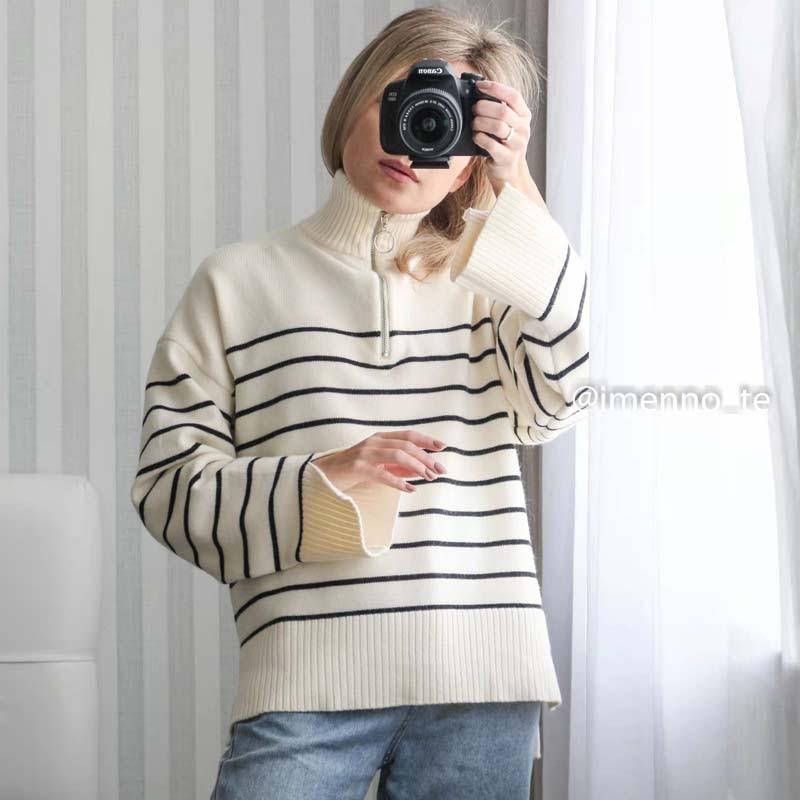 Sweaters Women Fashion Stripe Loose Zipper Knitting Sweaters Vintage Long Sleeve Female Pullover