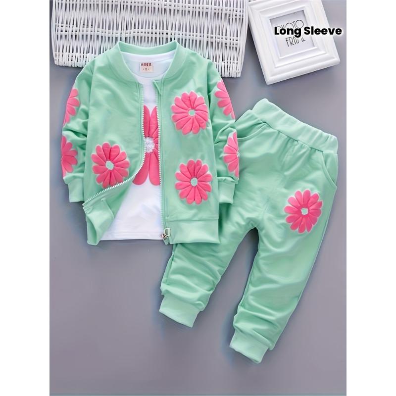 

Новый весенний трехпредметный комплект для девочек с длинным рукавом и принтом подсолнуха, осенний повседневный модный костюм для юных девушек однотонного цвета с цветочным принтом, идеально подходит для улицы 120 зелёный