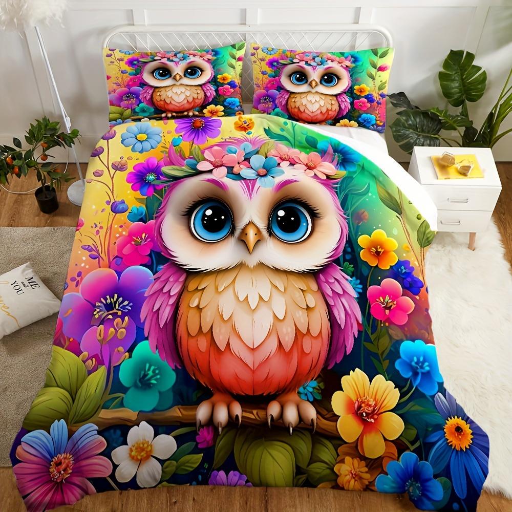 2/3pcs Duvet Cover Set (1 Duvet Cover + 1/2 PillowcaseWithout Core)3D Cartoon Cute Owl Printed Bedding Set for Bedroom
