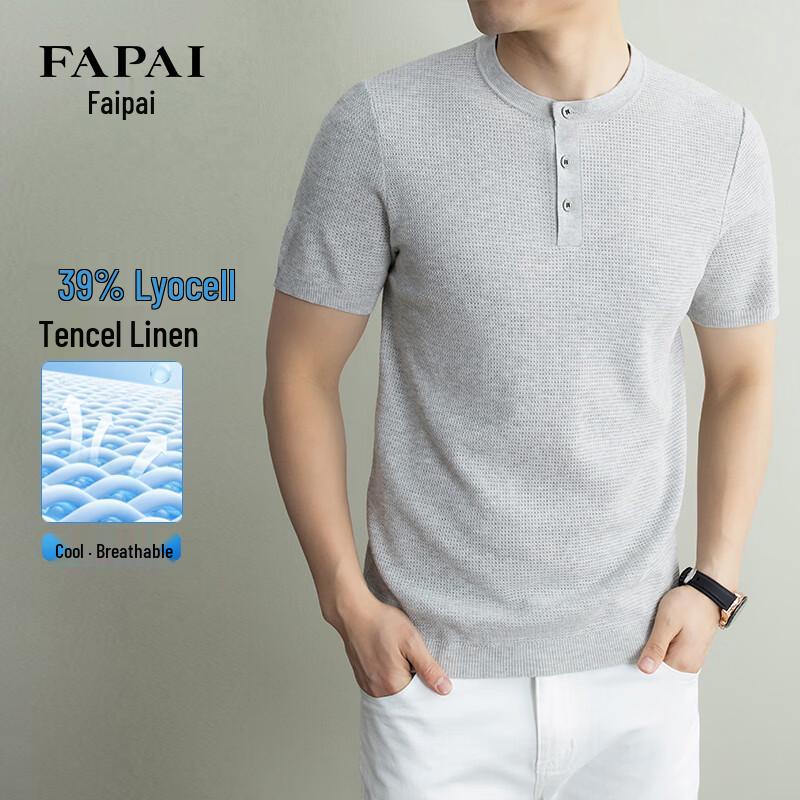 FAPAI Men s Tencel-Linen Henley Short Sleeve T-Shirt L