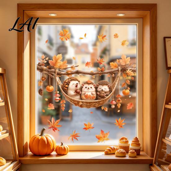 Autumn Window Clings 2Pcs Fall Maple Leaves Animals Static Stickers Squirrel/Hedgehog/Rabbit/Raccoon Glass Home Ornament PVC Waterproof for