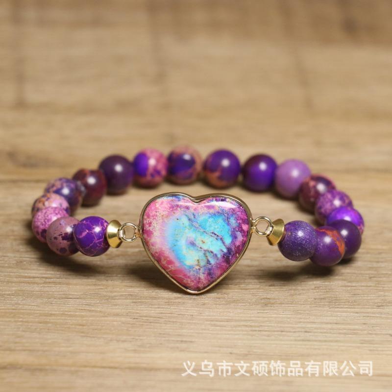 

Purple Galaxy Jasper Heart Bracelet – Gold Accent Boho Jewelry, Love Calm Gift for Women разноцветный