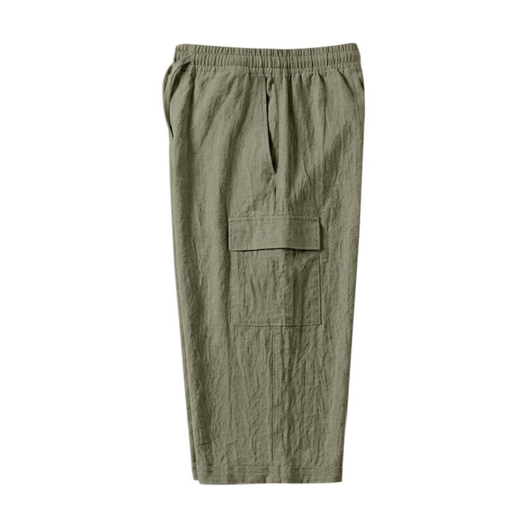 Men Linen Casual Outdoor Cargo Seven Shorts Multi Pocket Loose Fit Lightweight Drawstring Waist