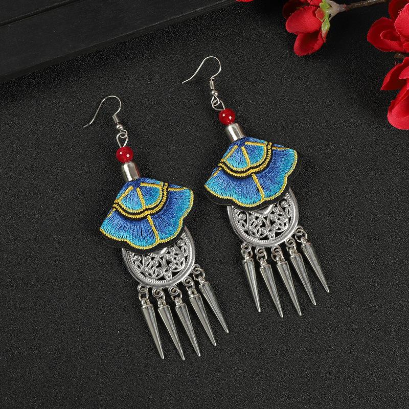 Yunnan embroidered fabric earrings long fringed personalized earrings Chinese retro Miao silver earrings women