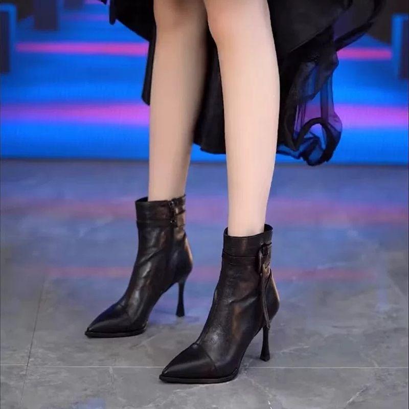 2025 Autumn/Winter Pointed Toe Side Zipper High Heel Soft Leather Women's Stiletto Boots with Buckle.