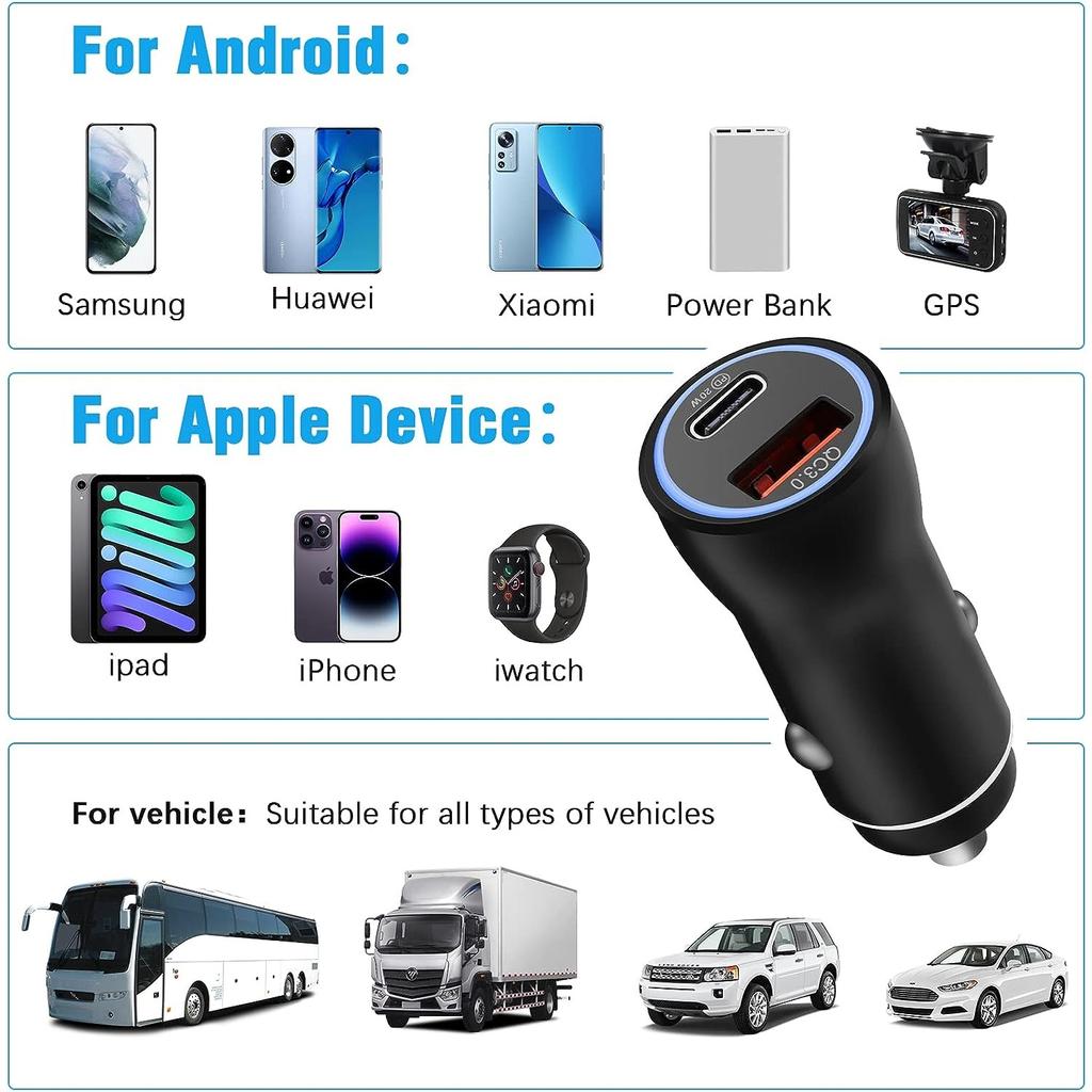 USB Cigarette Lighter Car Charger PD&QC Charger for IPhone PD 30W Quick Charge QC 18W Fast Charger  Mini Car Charger with IPhone Samsung Galaxy