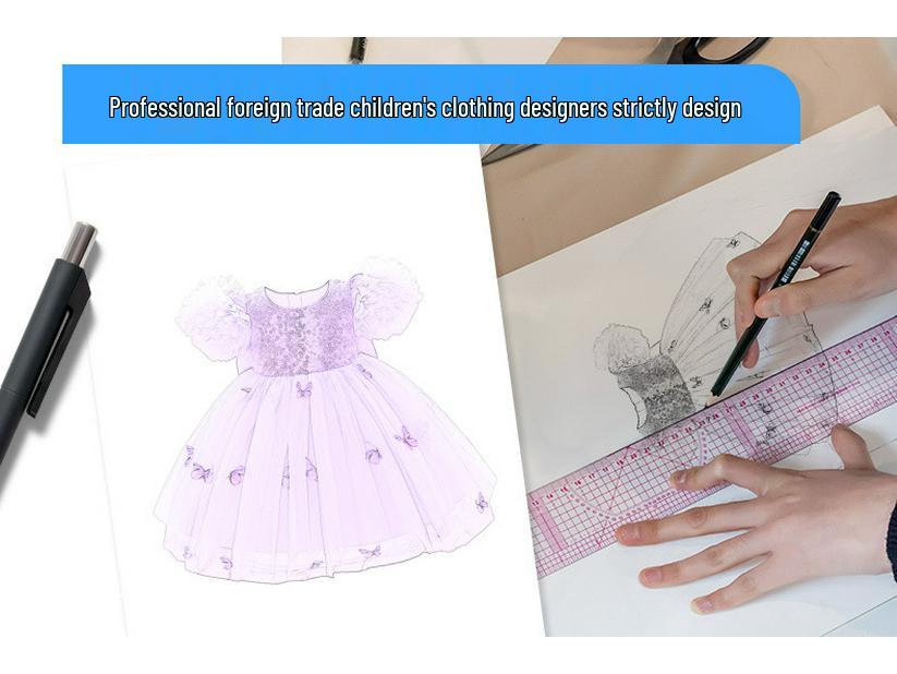 Purple Mesh Butterfly Princess Dress with Puffy Bubble Sleeves for Girls