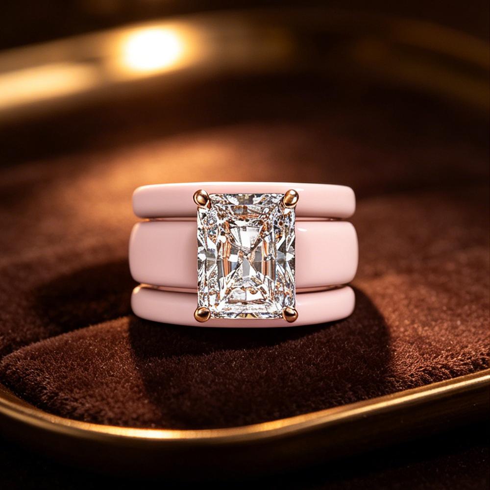 Radiant Cut Cubic Zirconia Ring with 3-Layer Pink Ceramic Band, Modern Chunky Rose Gold Plated Statement Ring, Bridal Promise Je