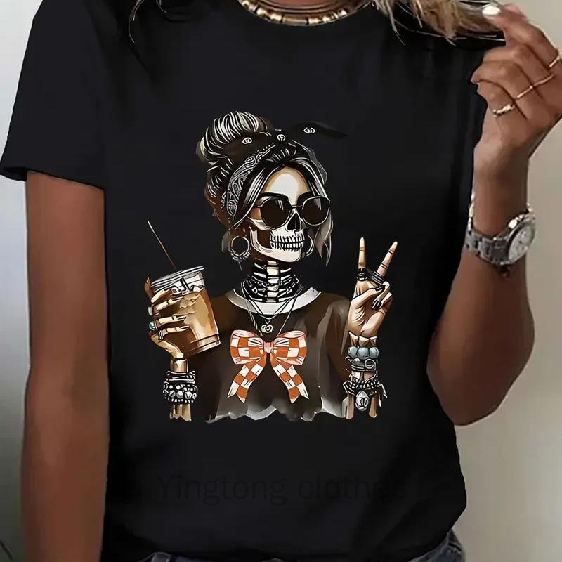 Women's Halloween Skeleton Graphic Print T-Shirt Skull Printed Short Sleeve T Shirt Clothing Top Tee Summer Ladies Girls Shirt