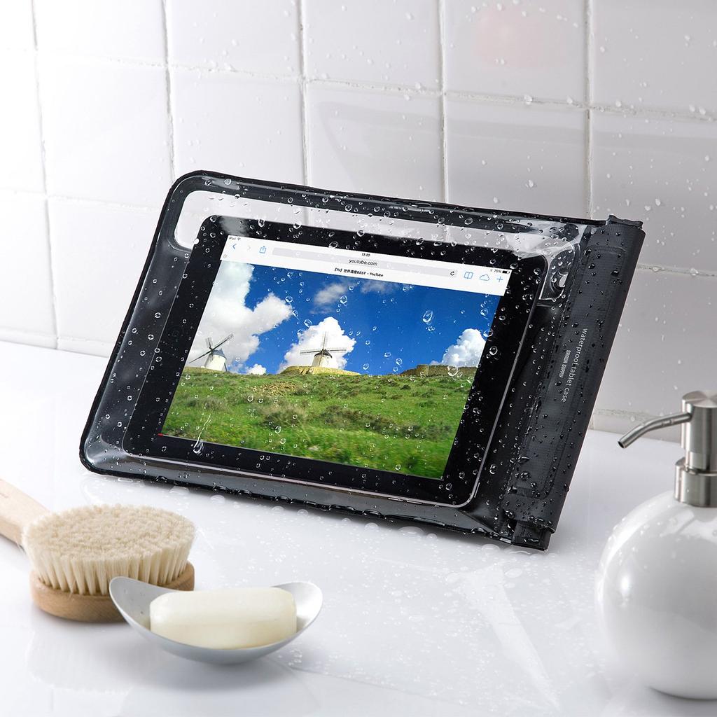 SANWA SUPPLY Tablet Waterproof and Dustproof IP47 with Stand and Shoulder Black Case, (10.1 Inch), Certified, Strap, (PDA-TABWPST10BK)