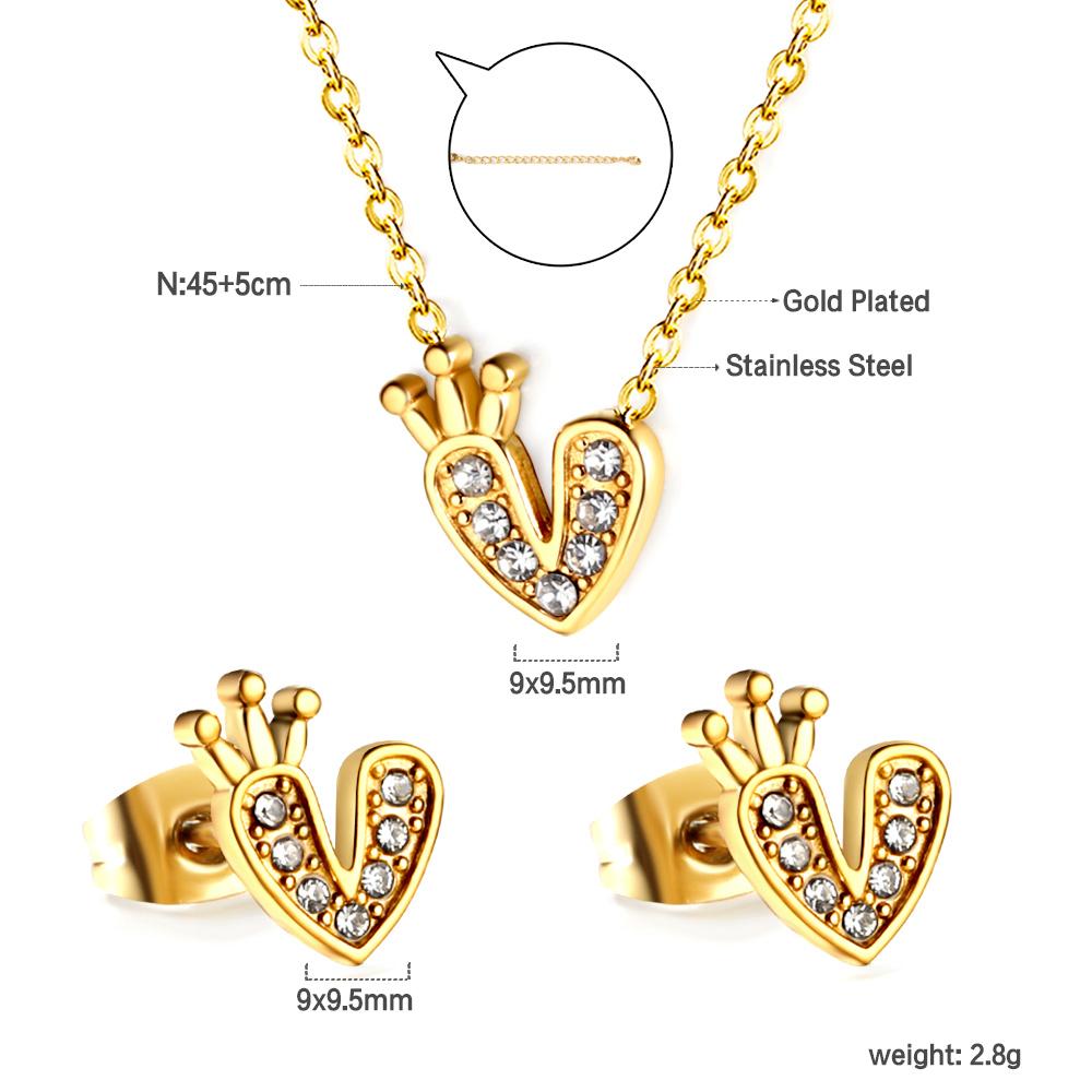 Fashion Bridal Gold Stainless Steel Pendant Necklace Earrings Jewelry Set for Women Plated18k Gold Necklace and Studs Earrings