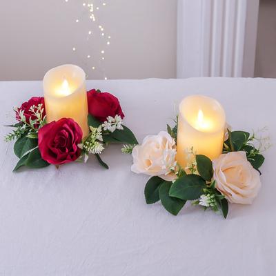 Künstlicher Rosenkranz für Kerzenständer-Ornamente Seidenblumengirlande Kerzenhalterkranz Hochzeitsfeier Tisch Heimdekoration