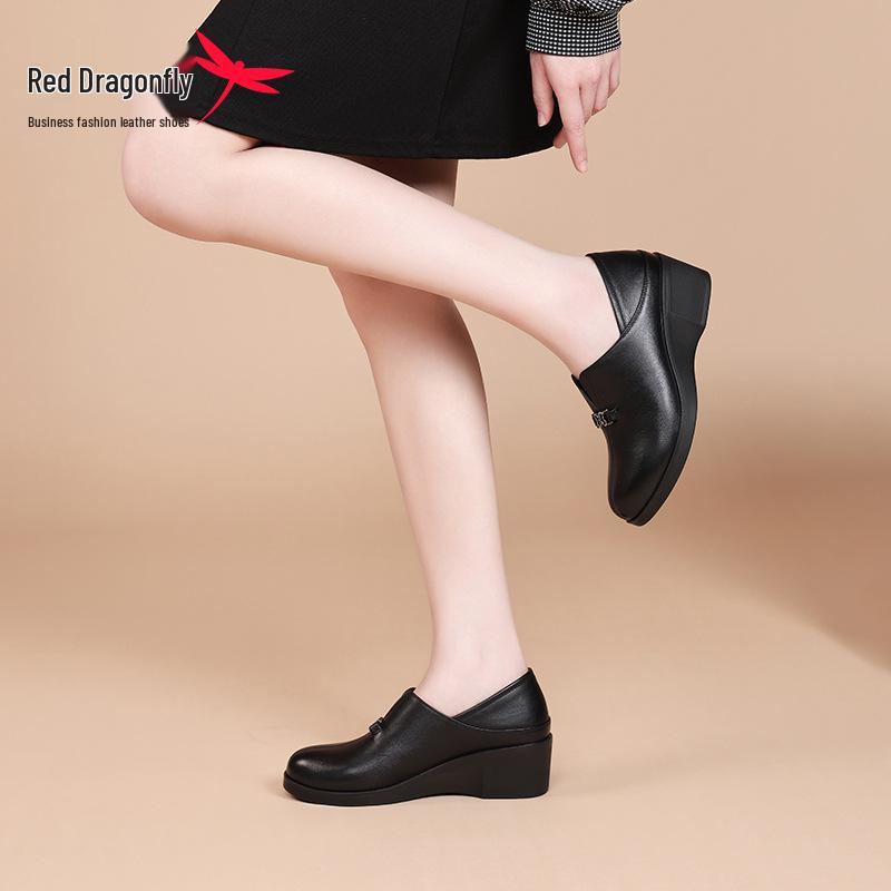 Red Dragonfly Women's Mid-Heel Summer Flats - Genuine Leather Wedge Commuting Shoes