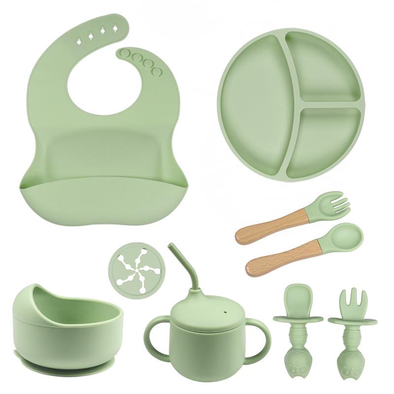 Children's Silicone Tableware Set: 9-Piece Shatter-Resistant Dinnerware with Plate, Bowl, Fork, Spoon, and Bib