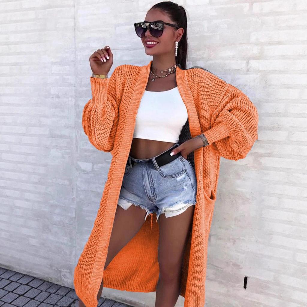 Chun-needle Knitted Sweater for Autumn and Winter Women's Outerwear, Solid Color Large-sized Long Pocket Cardigan Coat