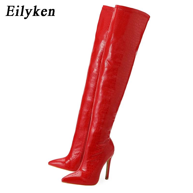 Mode Eilyken Sexy Schlangenleder Spitzschuh Damen Overknee Stiefel Mode Reißverschluss Winter Oberschenkelhohe Stiefel Stripper Schuhe