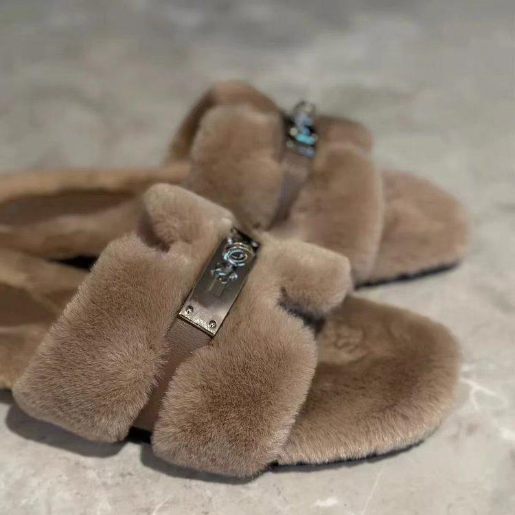 

Зимние плюшевые~ Имитация кроличьего меха Однословные перекрестные металлические туфли-тапочки с пряжкой на ремне Универсальные утолщенные пушистые тапочки Женские 40 хаки