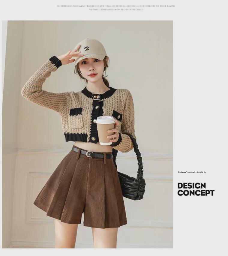 2023 Autumn/Winter Women's Plus Size High Waist Corduroy A-Line Wide-Leg Pleated Shorts