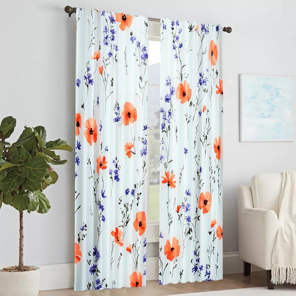Set aus 2 eleganten Frühlingsgarten-Vorhängen Romantisches Wildblumen-Druckmuster Rote Blaue Lila Blumen Landhausstil Für Alle Jahreszeiten Hergestellt aus Polyester