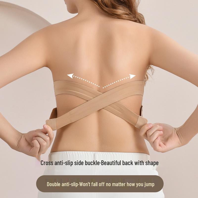 Dámska bezšvová a protišmyková podprsenka bandeau z ľadového hodvábu bez ramienok s krížením na chrbte, prackou a prsnou vložkou