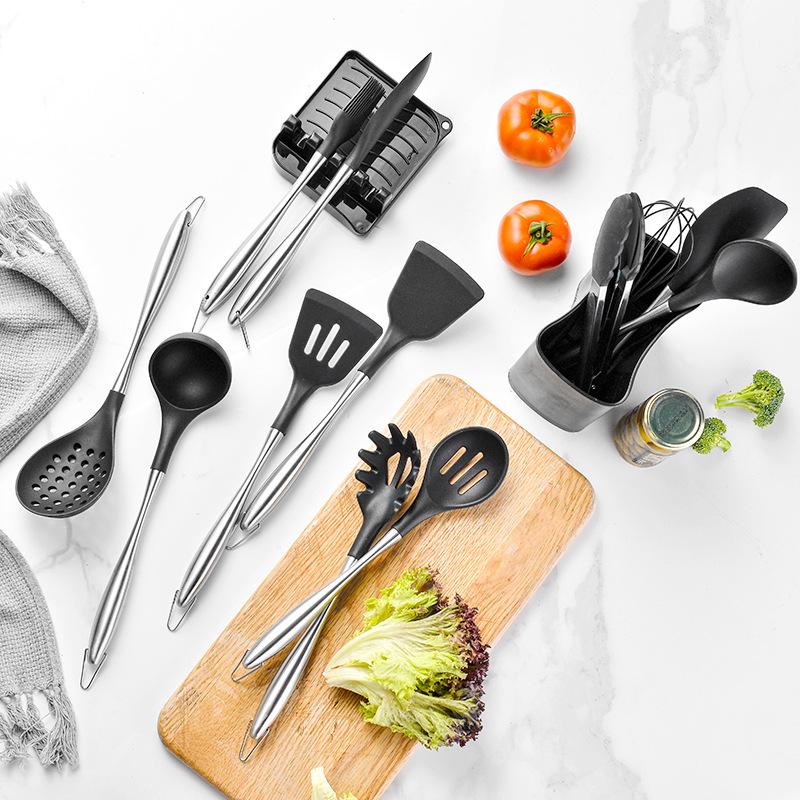 12-Piece Stainless Steel & Silicone Kitchen Utensil Set with Storage Bucket: Spatula, Spoon, Whisk Set