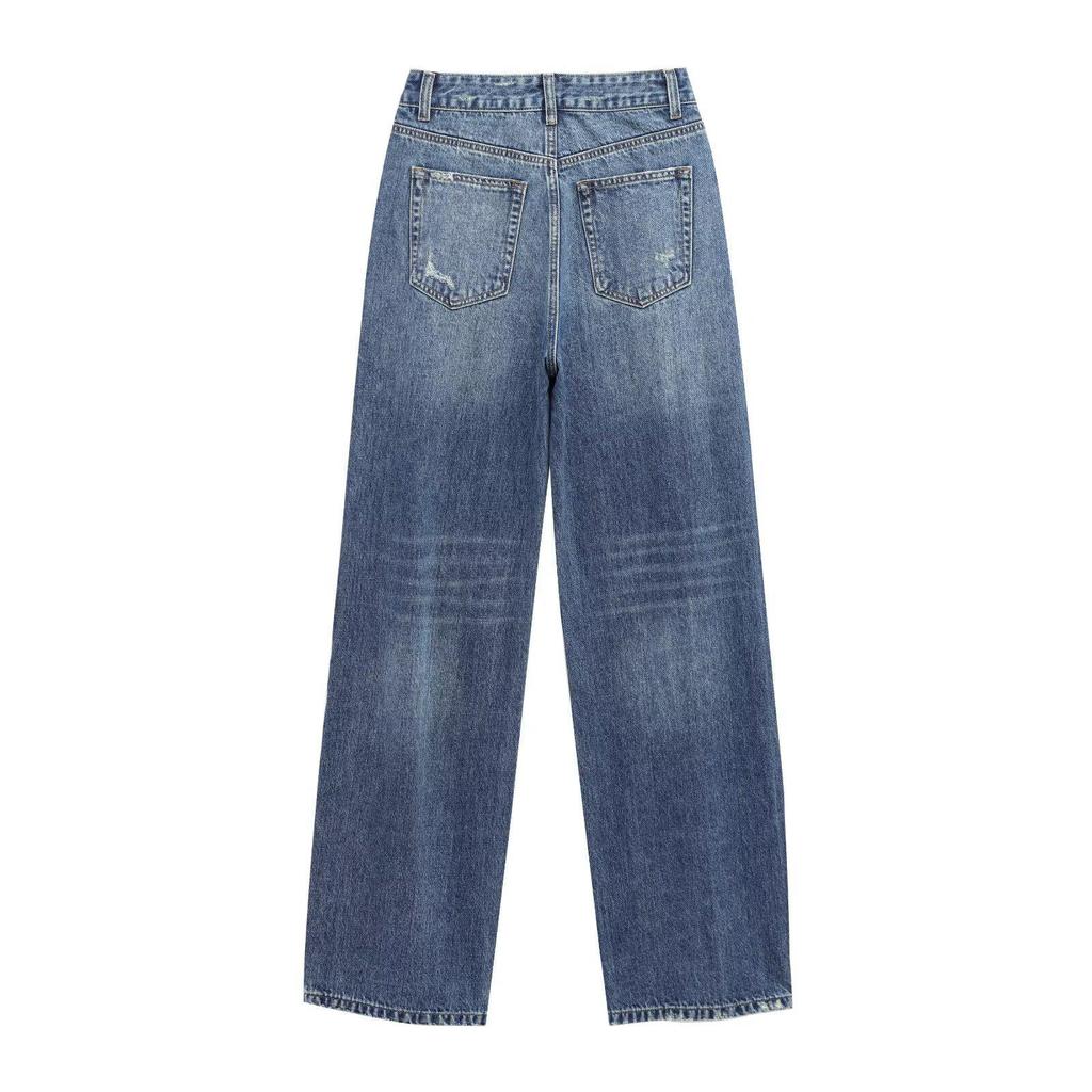 2025 Spring Women's High-Waist Ripped Denim Jeans: European & American Style