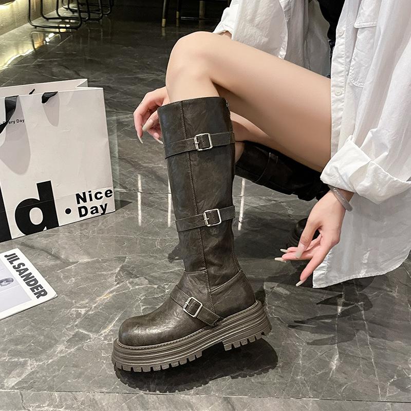 British style thick-soled knight boots women's 2025 autumn new retro versatile and thin sweet and cool buckle boots