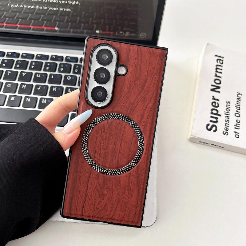MagSafe Magnetic Wireless Charging PC+ Imitation Wood Grain Leather Phone Case For Samsung Z Fold 7 6 5 4 3 Folding Back Cover