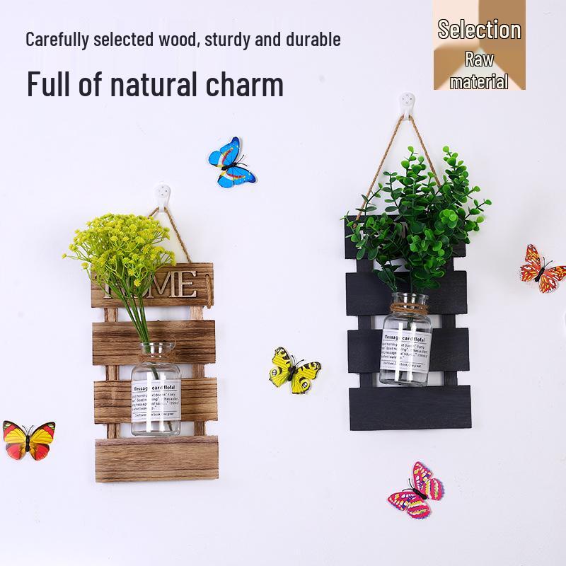 Handcrafted Wooden Wall-Mounted Hydroponic Glass Vase for Bedroom and Living Room Decor