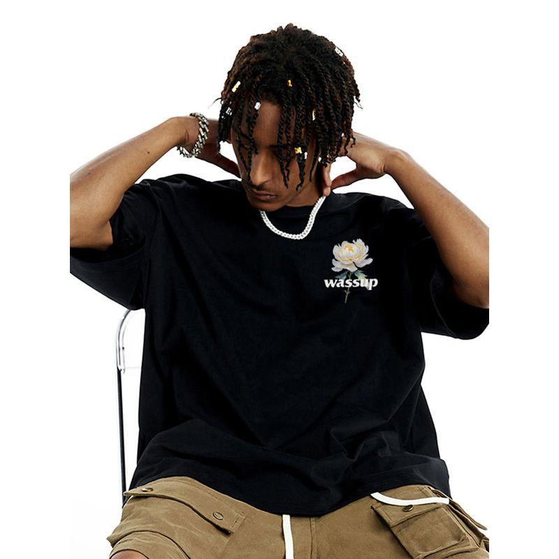 Wassup Flower Language Blooms Couple Versatile Short-Sleeve T-Shirt Summer Heavyweight National Trend Tee Unisex Crew Neck Top