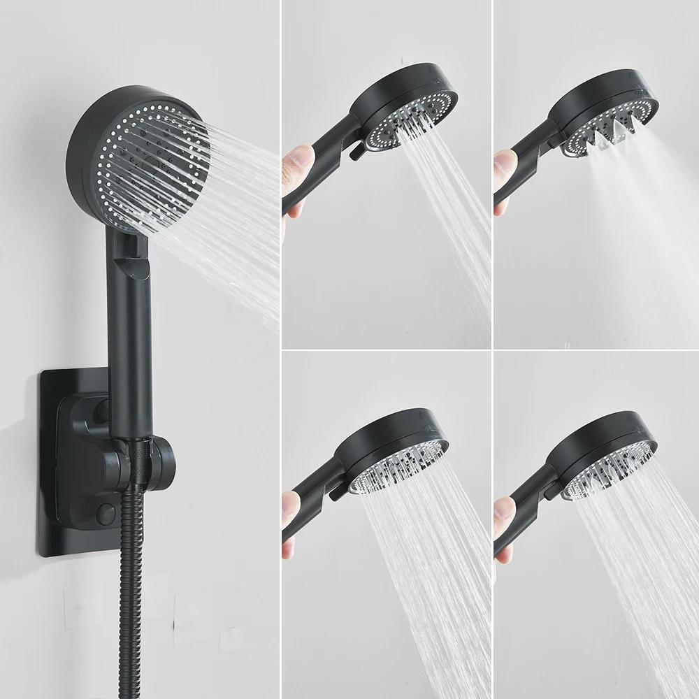 Black Water Saving Shower Head 5 Modes Adjustable High Pressure Shower Handheld Head Handshower Head Plastic Bracket 150cm Hose