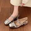 French Ballet Mary Jane Single Shoes Silver Thick Heel High Heels Temperament with Skirt Small Leather Shoes Jk