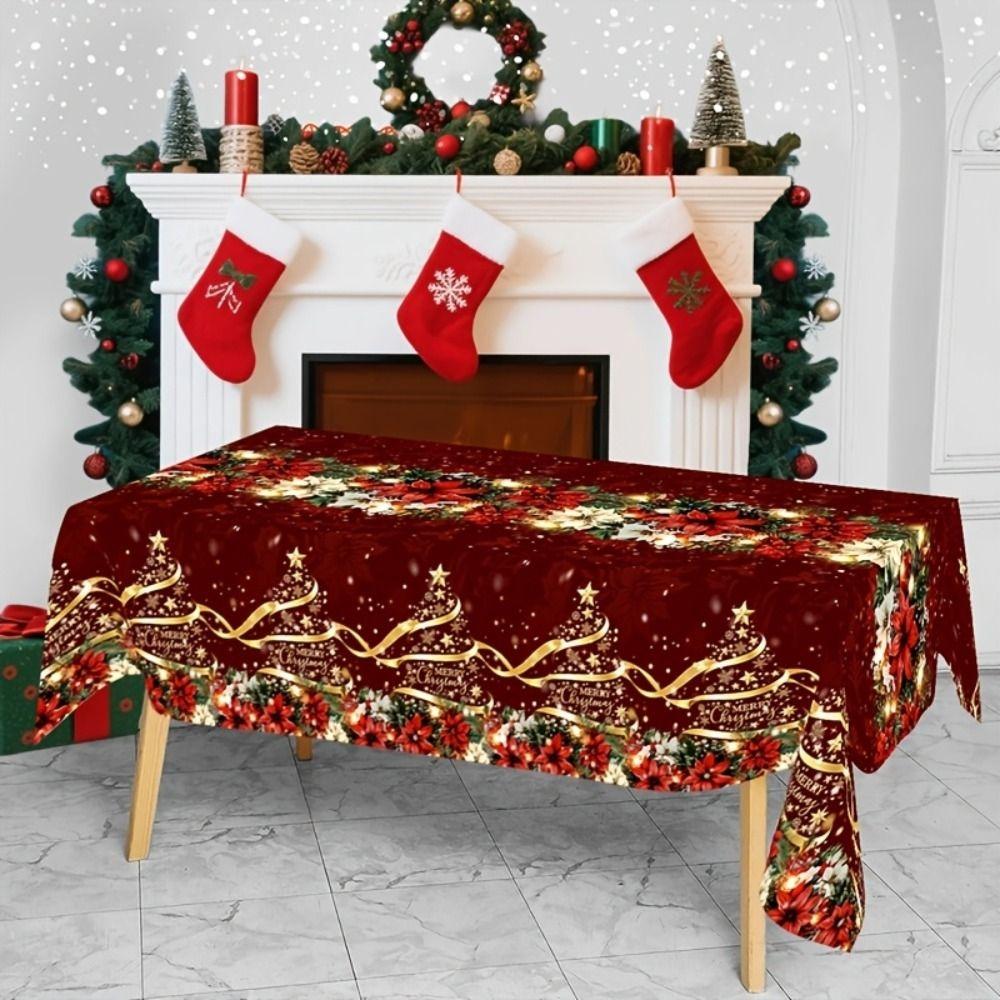 Waterproof Snowman Poinsettia Tablecloth Oil-proof Christmas Table Cover Dinner Table