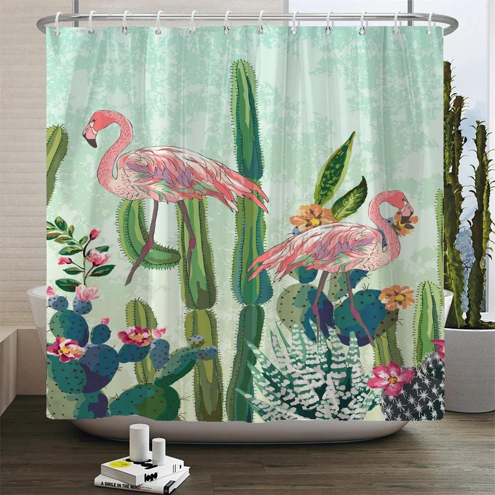 Flamingo Shower Curtains Green Leaf Bathroom Waterproof Polyester Fabric Printing Shower Curtain Decoration Bath Screen