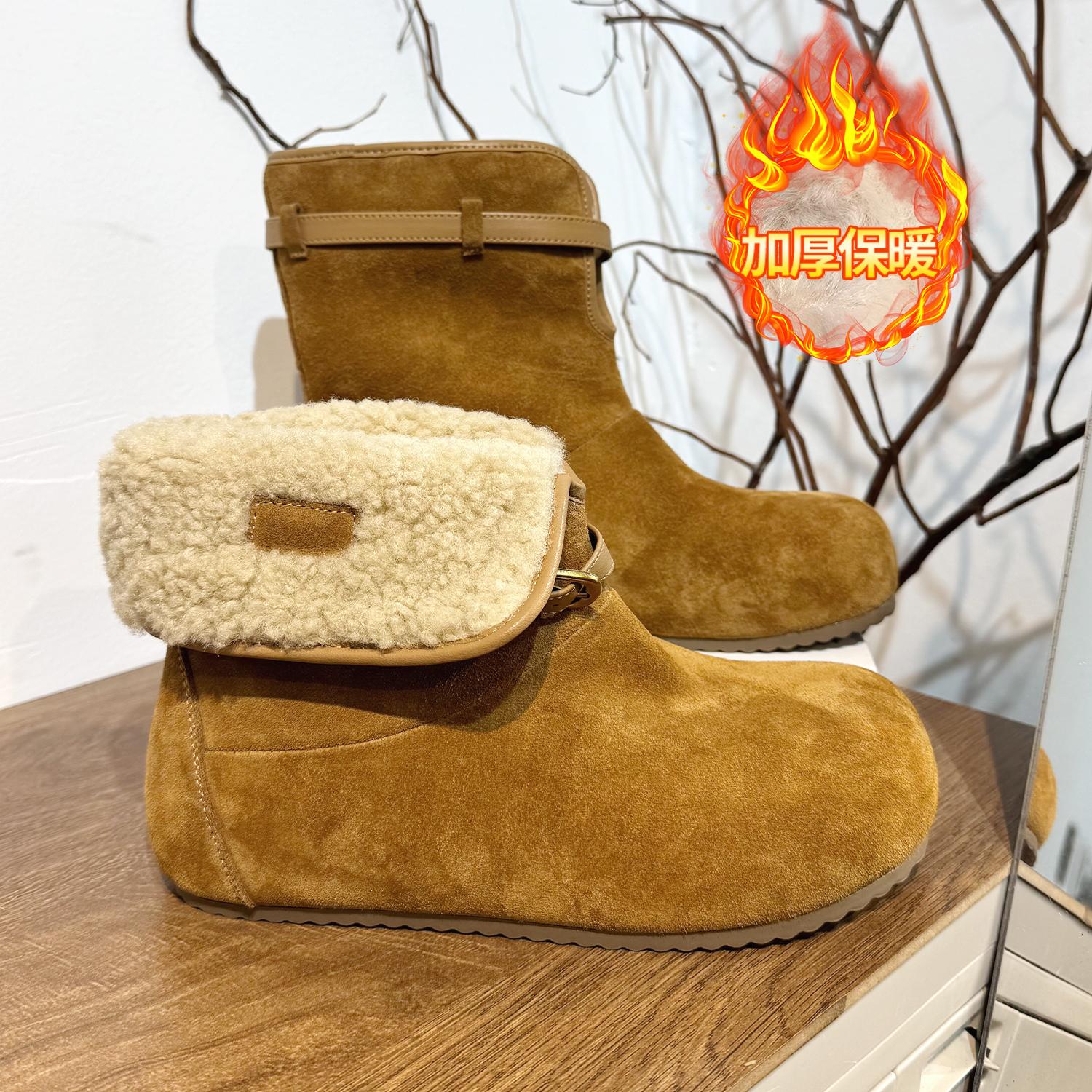 

Retro leather two wear lapel velvet snow boots women s 2025 winter new round head imitation lamb wool Birkencotton boots 39