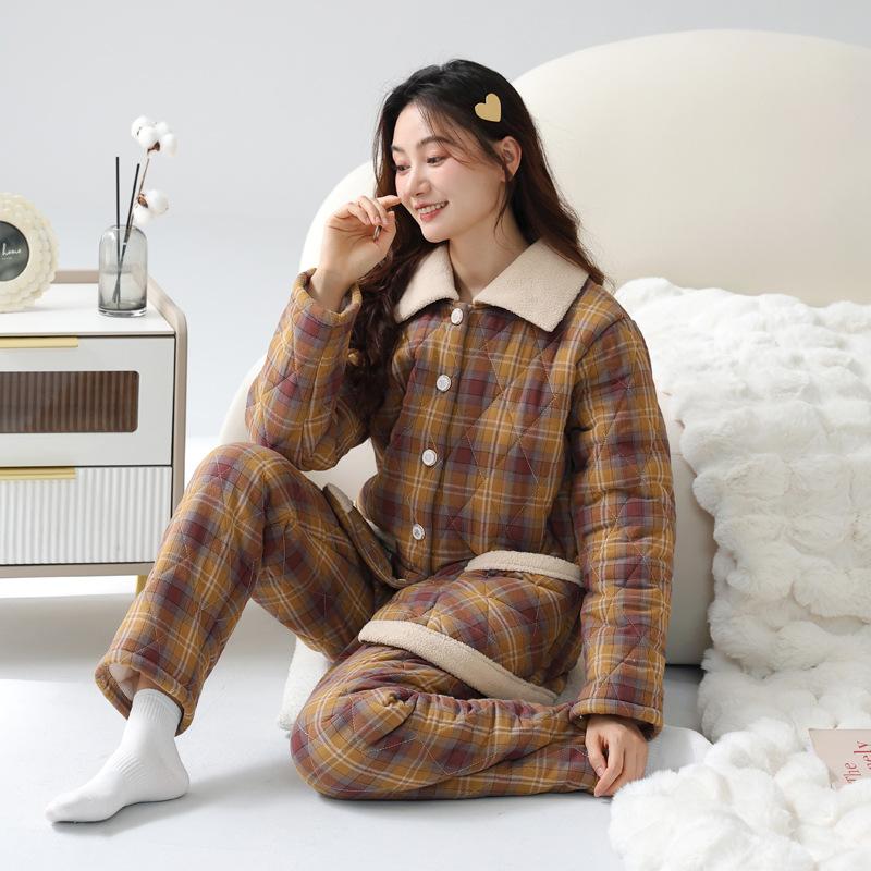 Pajamas Women'S Winter Three-Layer Thickened Fleece Woven Cotton Padded Coral Fleece Autumn And Winter Loungewear