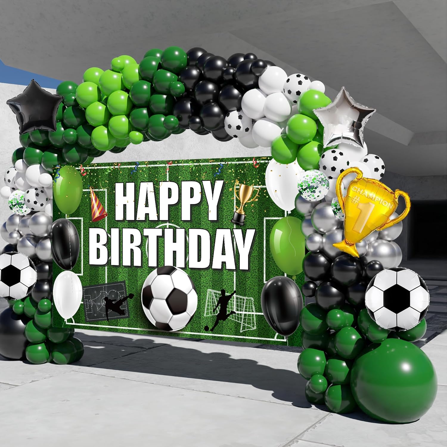 Soccer Party Decorations, 158PCS Soccer Birthday Balloon Garland Arch kit with Large Happy Birthday Backdrop Banner for Soccer Birthday Party