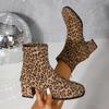 New European and American Style Leopard Print Square Head Thick Heel Short Boots Women's Suede Medium Heel Short Rear Zipper Martin Boots Single Boots