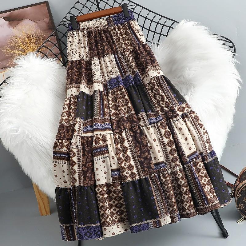 

Qooth Elegant A Line BOHO Ethnic Style Printed Skirt Flared Mid Length Elastic Waist Casual Skirt QT2686 One Size хаки