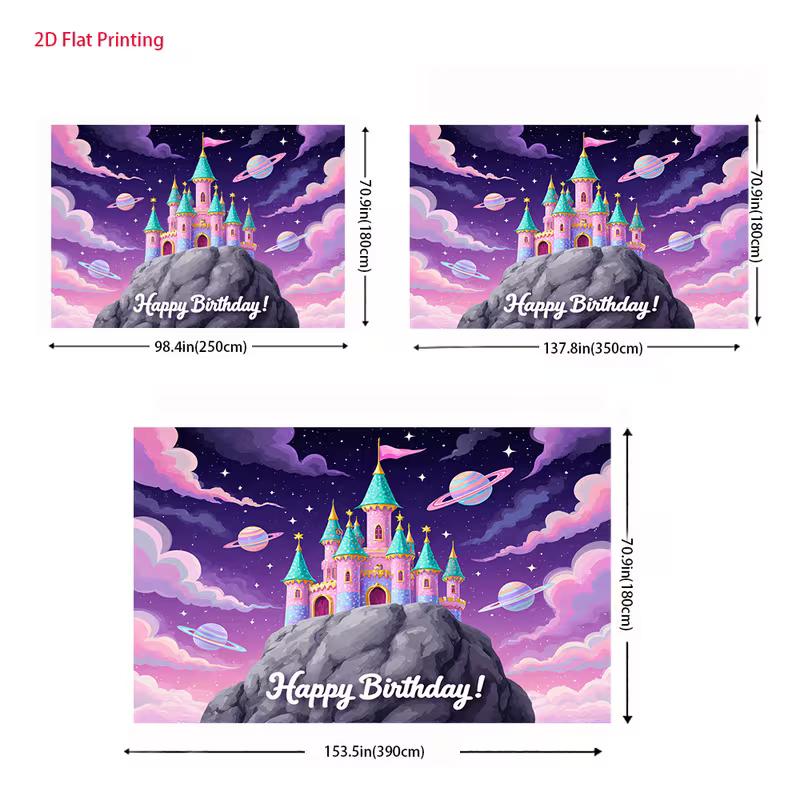 2D Magical Castle Backdrop, Princess Castle with Planets, Stars and "Happy Birthday" Text Background Cloth