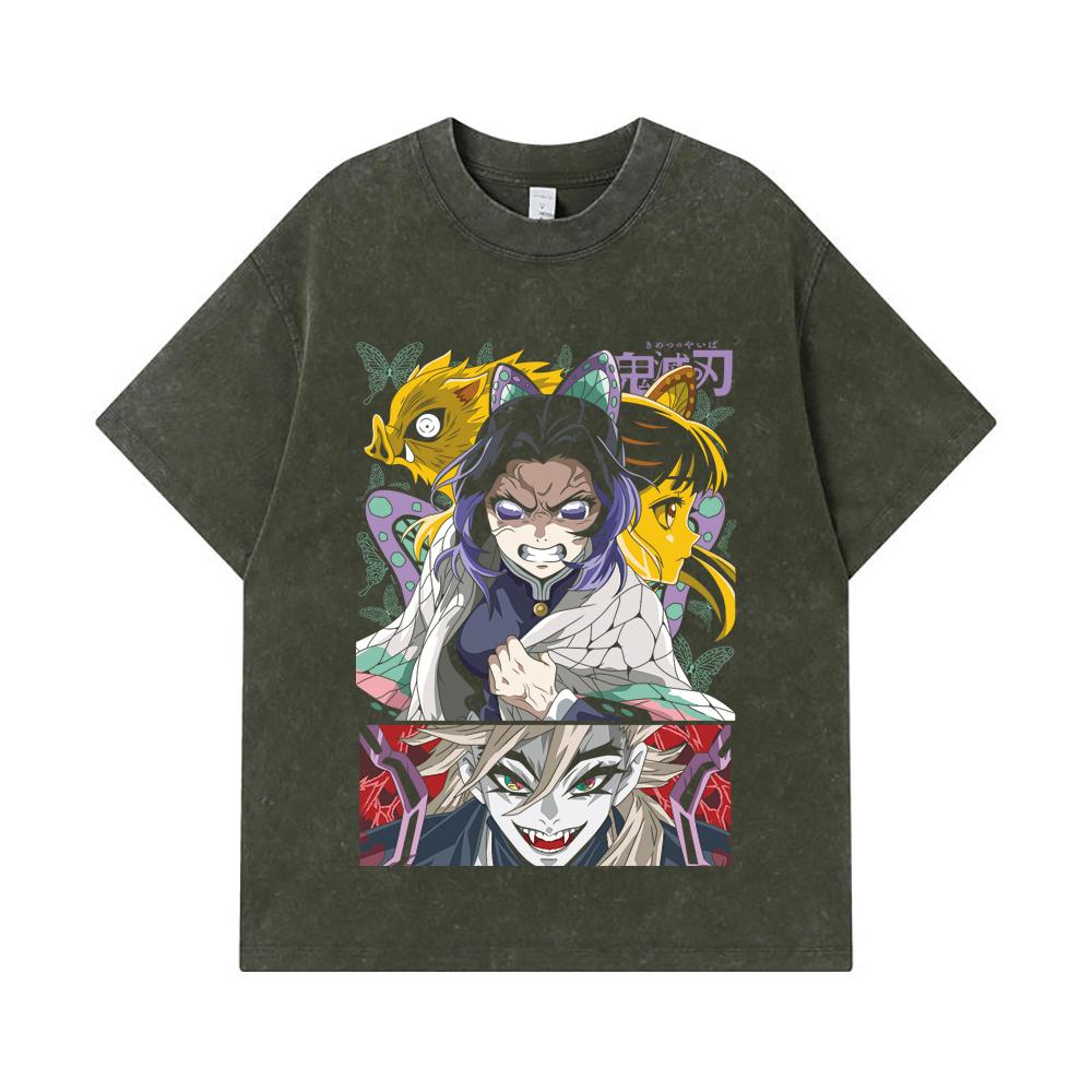 

275 GSM Washed T-shirts 100% Cotton Demon Slayer V119 Shinobu Print Unisex Heavy Cotton T Shirt S армия зеленый