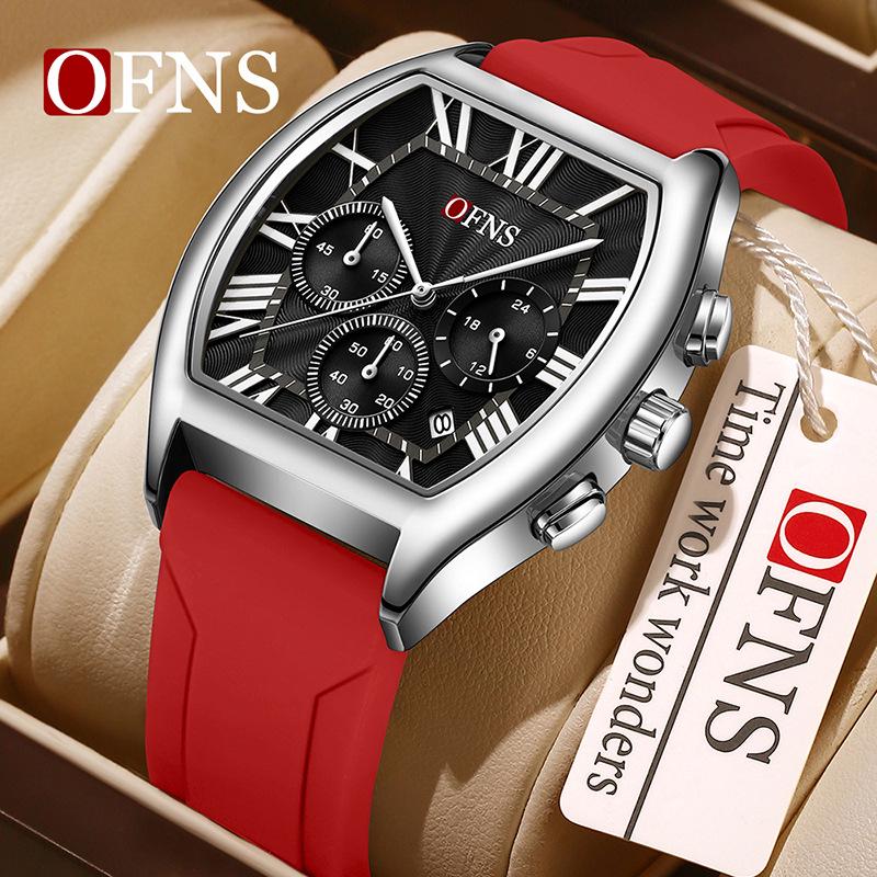 OFNS Men's Barrel-Shaped Waterproof Quartz Watch - Multifunctional Calendar with Three-Eye, Six-Hand Design, Casual Style.