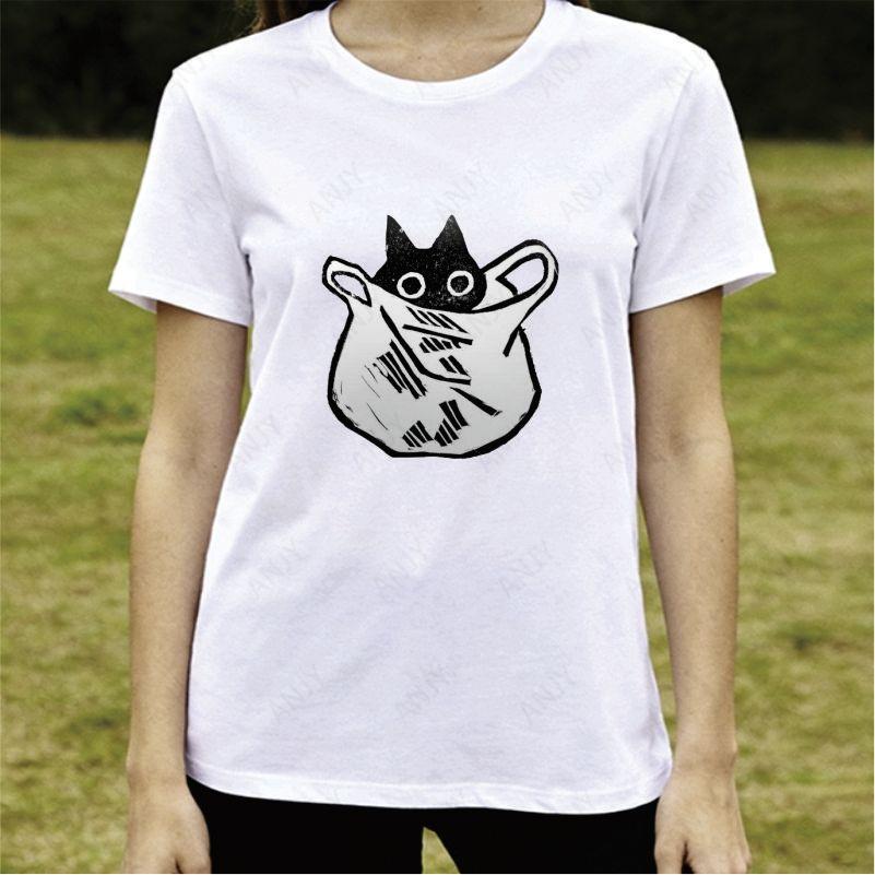 Japanese Retro Bag Black Cat T-shirt with Vintage Graffiti Loose Casual Short Sleeves